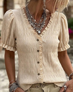 Blouse Geplooid Ruffle V-Hals Ballon Mouw
