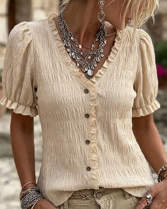Blouse Geplooid Ruffle V-Hals Ballon Mouw