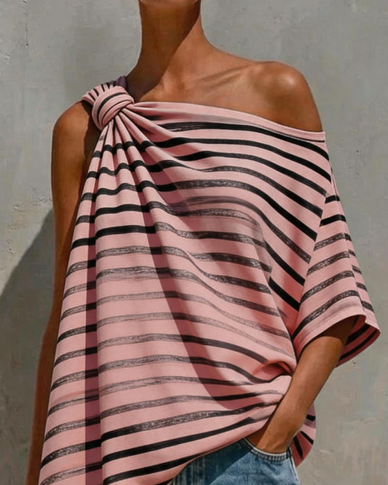 Blouse Gestreept Een-Schouder Twist Knoop