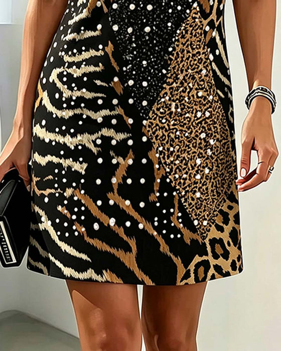 Jurk Luipaardprint Rondhals Kortmouw Patchwork