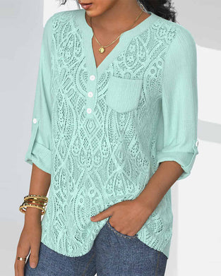 Casual blouse van kant met effen kleur en geplooide mouwen