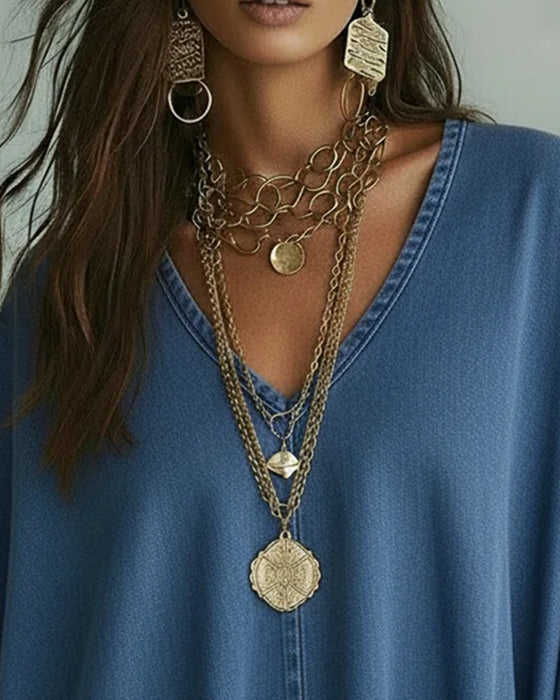 Blouse Van Losse Denim Met Asymmetrische V-Hals