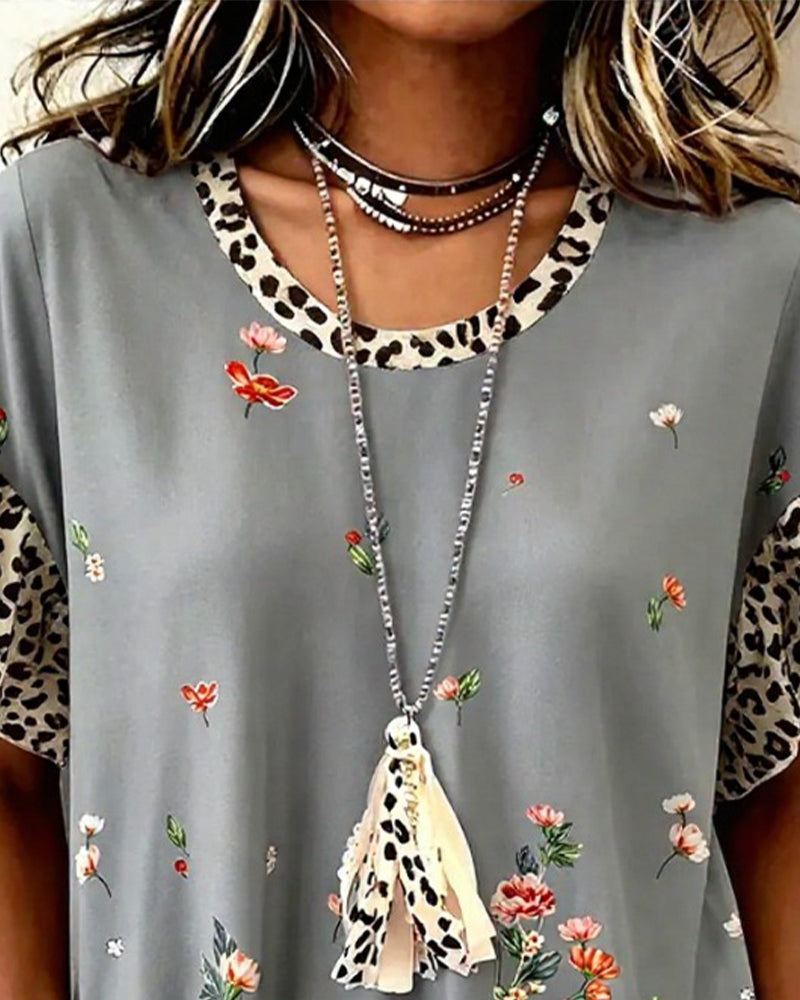 T-Shirt Luipaard Patchwork Bloemenprint