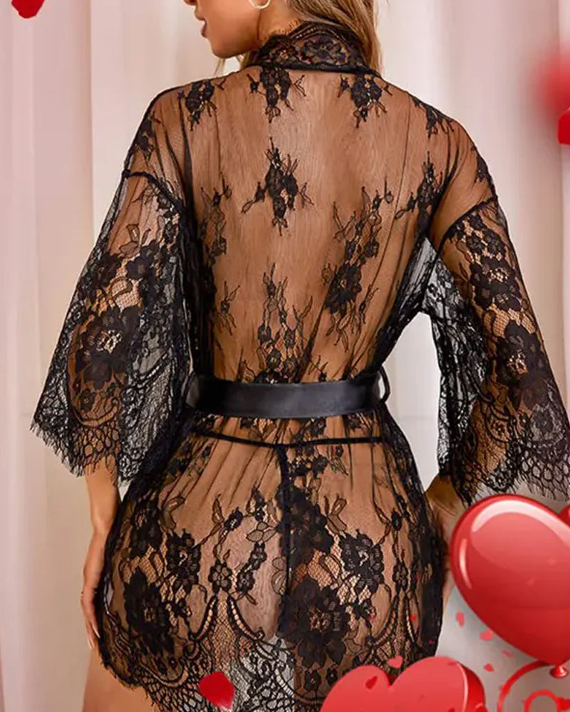 Elegante kanten pyjama in effen kleur
