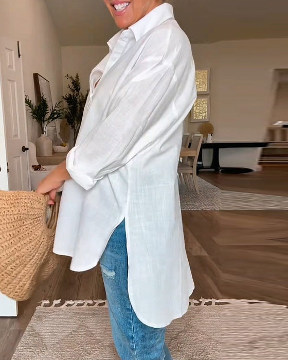 Blouse V-Hals Knoop Effen Kleur Los
