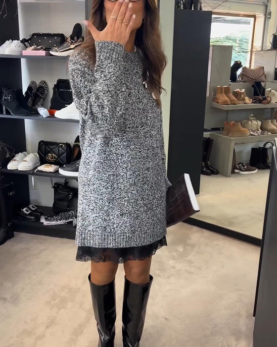 Effen Kleur Langmouwige Trui-Jurk Met Patchwork