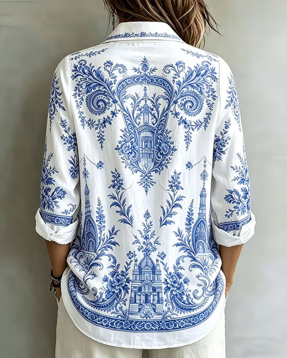 Overhemd Blauw Porselein Print Reverse