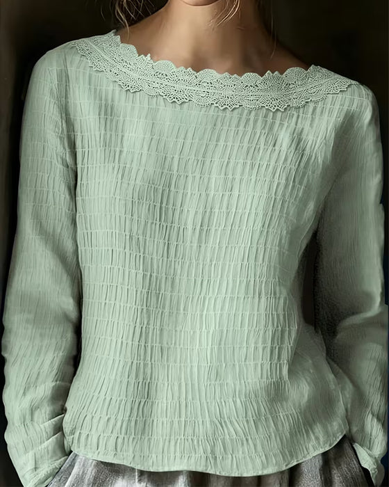 Blouse Ronde Hals Gerimpeld Kant Paneel Effen