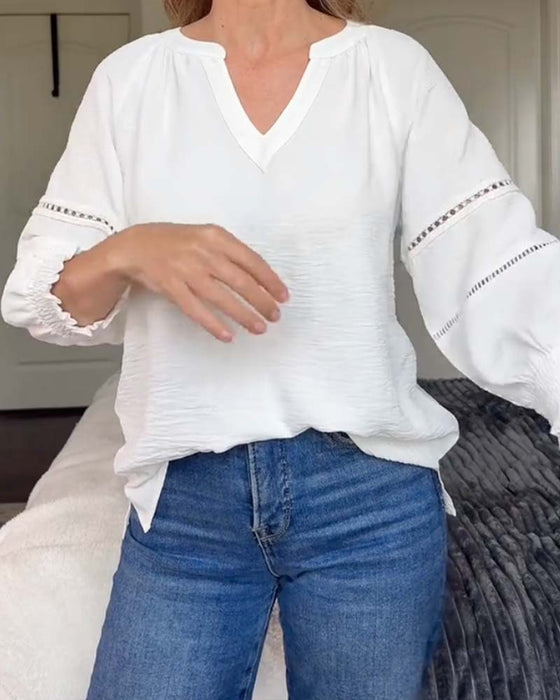 Blouse V-Hals Uitsparing Ruche Effen