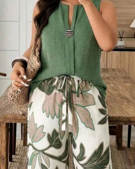Set Mouwloze Top Botanische Print Wijd Pijp Broek