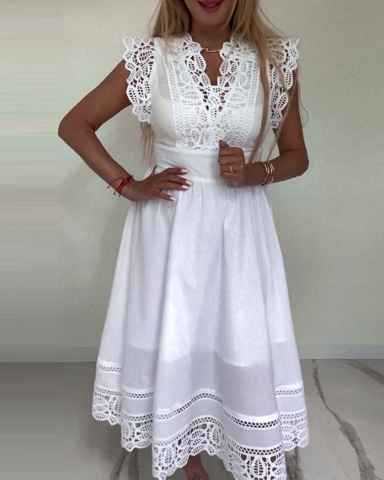 Elegante effen kanten mouwloze jurk met V-hals