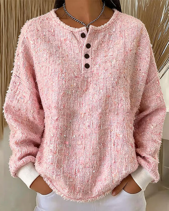 Sweatshirt Tweed Henley Kraag Knoopsluiting
