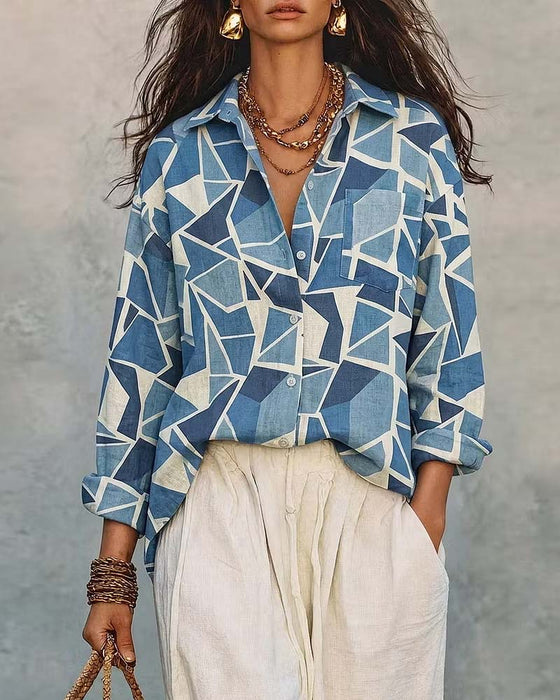 Blouse Geometrische Print Kraag Lange Mouw