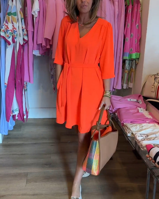 Midi Mouwen Effen Kleur Jurk met Riem