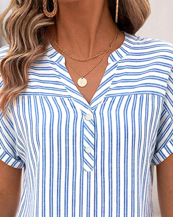 Blouse Streep V-Hals Knoop Patchwork