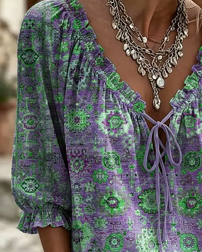 Blouse V-Hals Strik Vintage Print