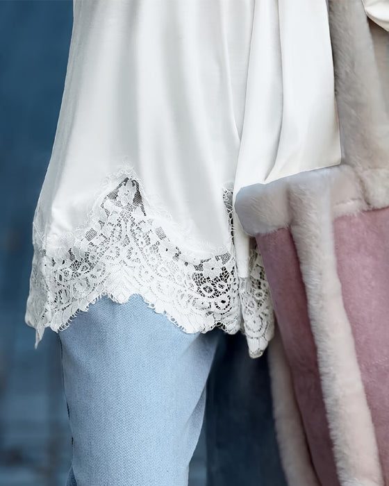 Blouse Kant V-Hals Lange Mouw Los