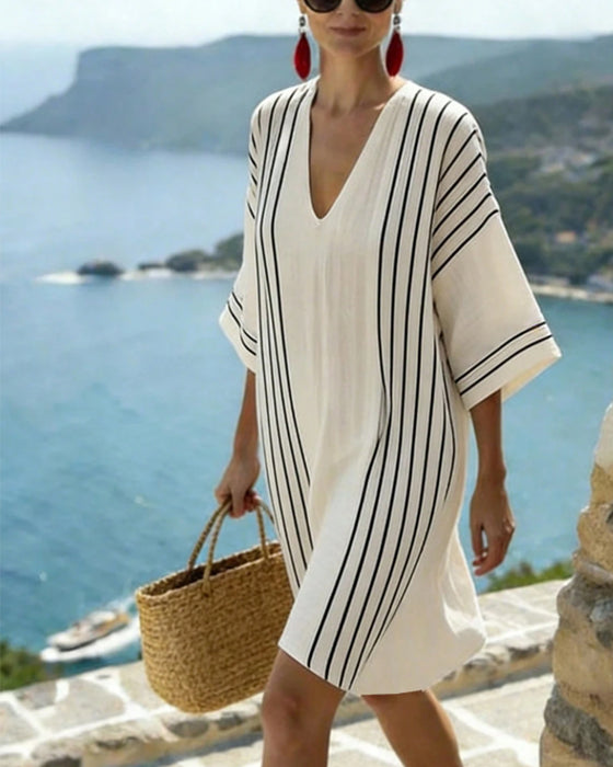 Jurk Off White Zwarte Streep V Hals