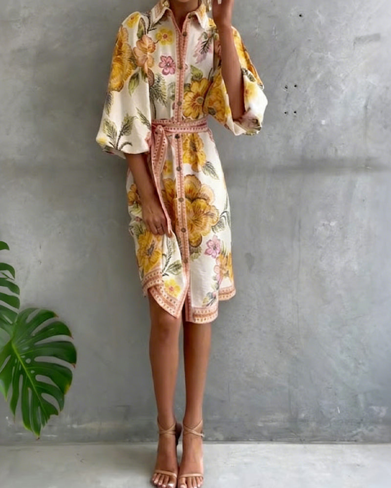 Jurk Frans Lantaarn Mouw Reverskraag Bedrukt