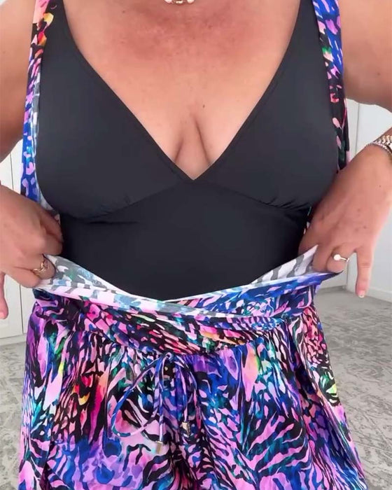 Badpak V-Hals Kleurrijke Print Eendelig