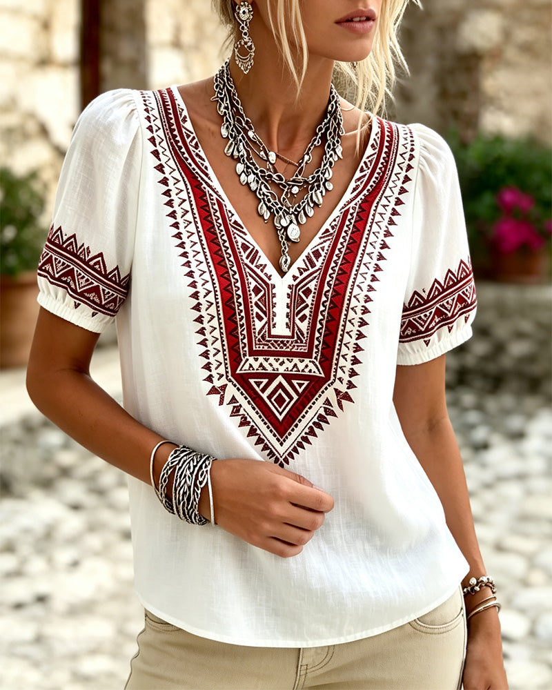 Blouse V-Hals Bohemien Ballon Mouw