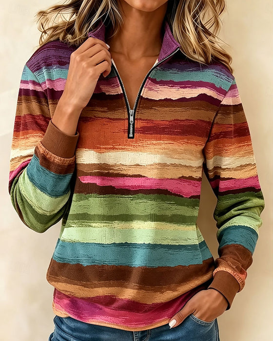 Sweatshirt Vintage Kleurrijk Gestreept Halve Rits Staande Kraag Lange Mouw