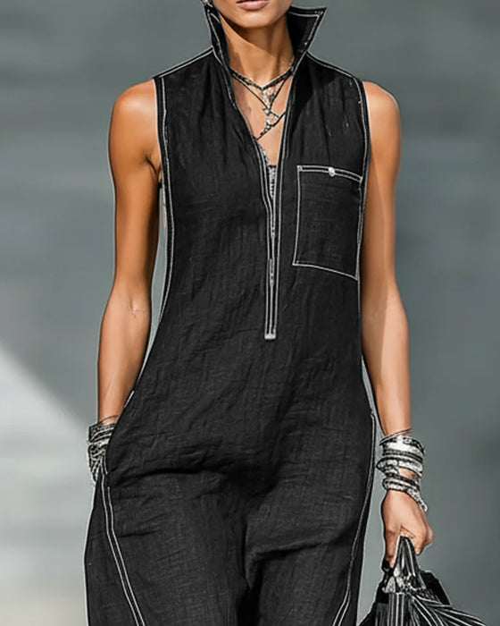 Jumpsuits Mandarin Kraag Mouwloos Zwart En Wit Breed Been