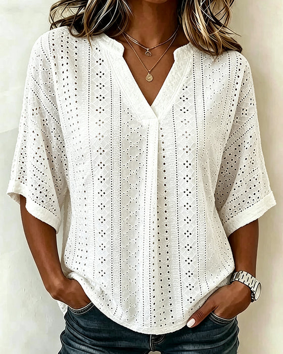 Blouse V-Hals Opengewerkt Effen Halflangemouw