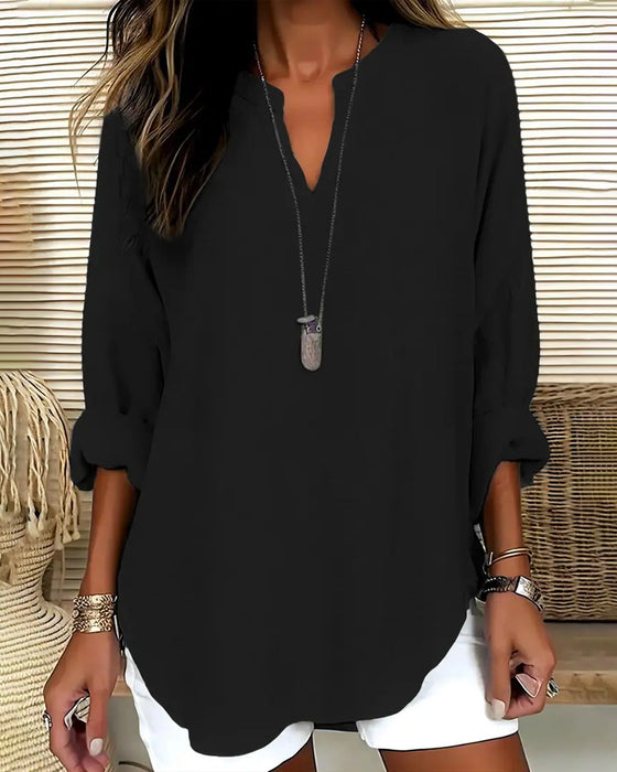 Blouse V-Hals Onregelmatig Effen Langmouw