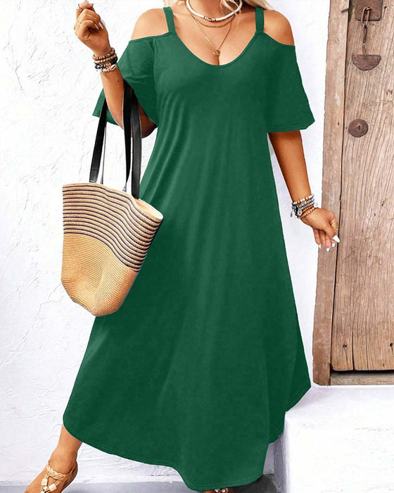 Jurk Effen V-Hals Off-Shoulder Lang