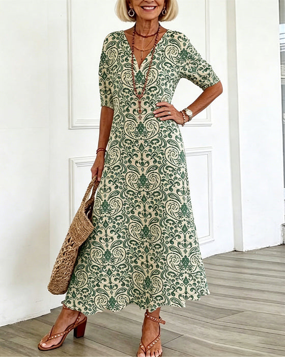 Jurk Vintage Bloemenpatroon V-Hals Maxi