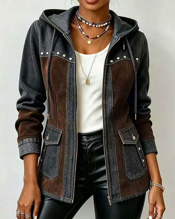 Jas Met Capuchon Rits Denim Patchwork
