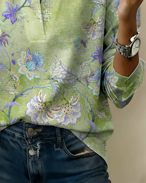 Blouse Opstaande Kraag Lange Mouw Bloemen