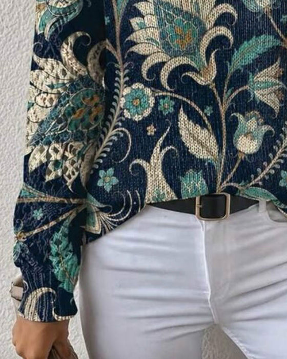 Pullover V-Hals Lange Mouw Bloemen Print