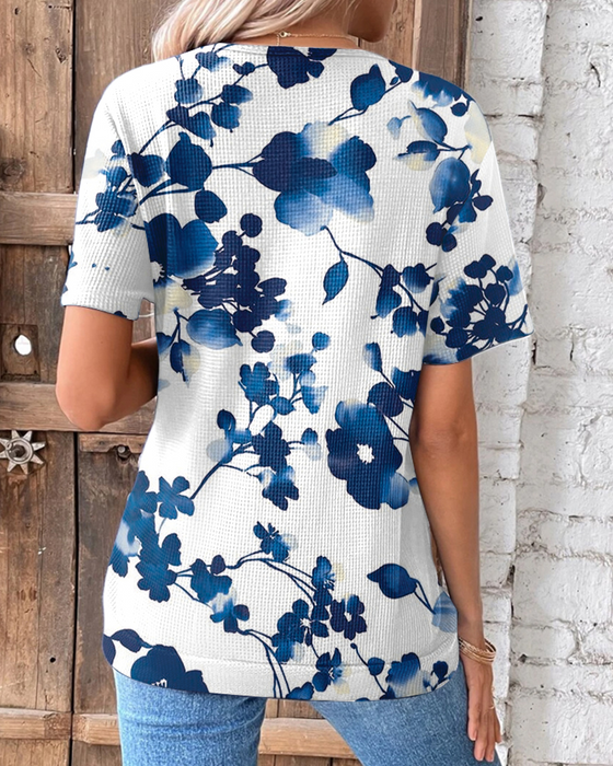 T-shirt V-hals Wafelprint Kruisplooien