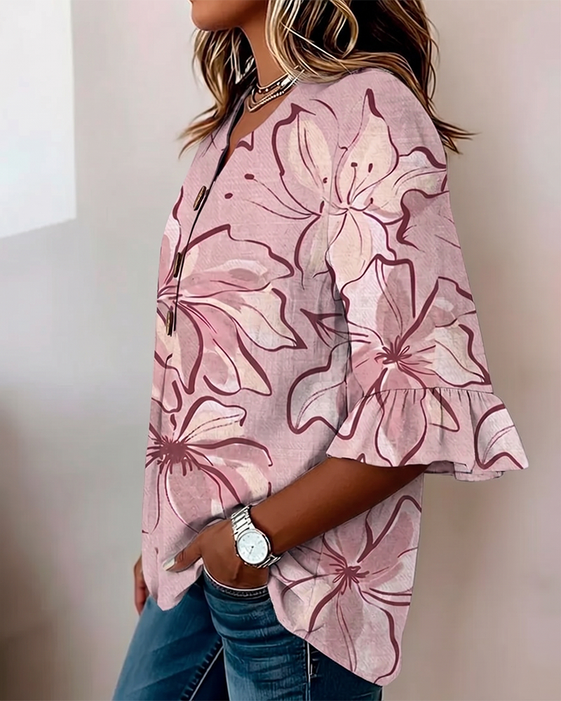 Blouse V-Hals Bloemen Ruche 3/4-Mouw