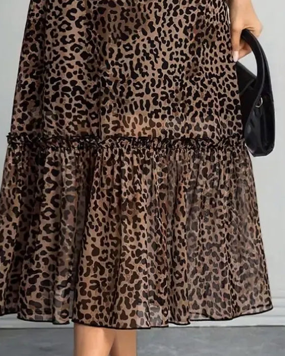 Jurk Luipaard Mock Hals Mesh Midi