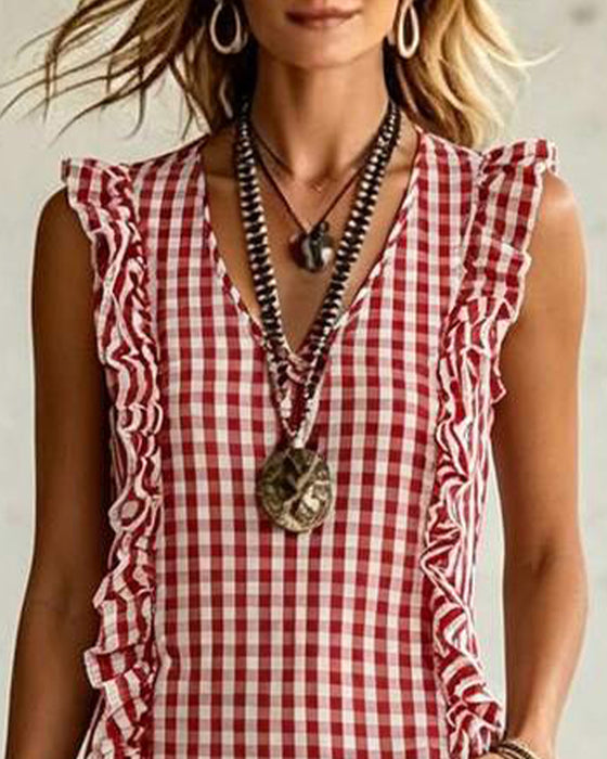 Jurk V-Hals Ruffle Ruit Mouwloos Maxi
