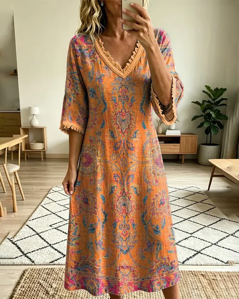 Jurk Vintage V-Hals Bloemenprint