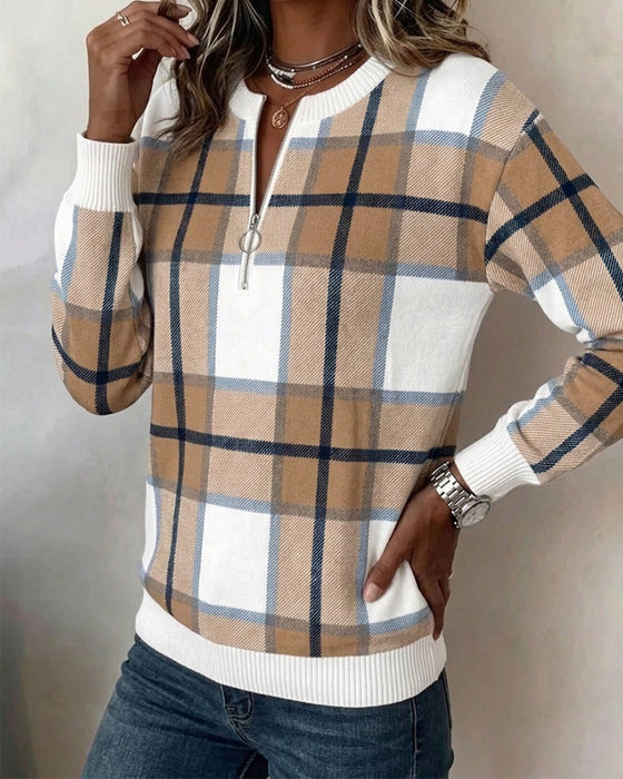 Sweatshirt Geruit Halfritsen Ronde Hals Pullover