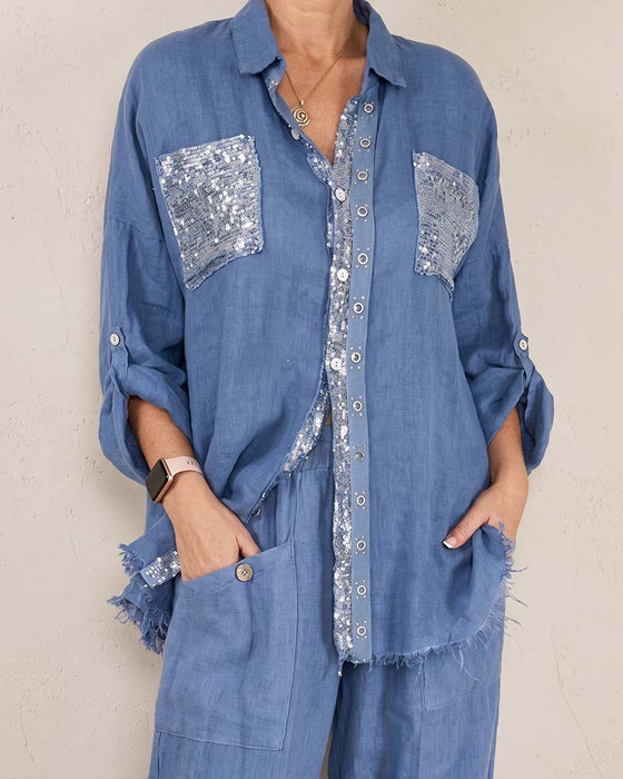 Set V-Hals Shirt Schittering Breed Been Effen