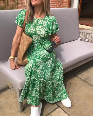 Lange jurk met bloemenprint en korte mouwen