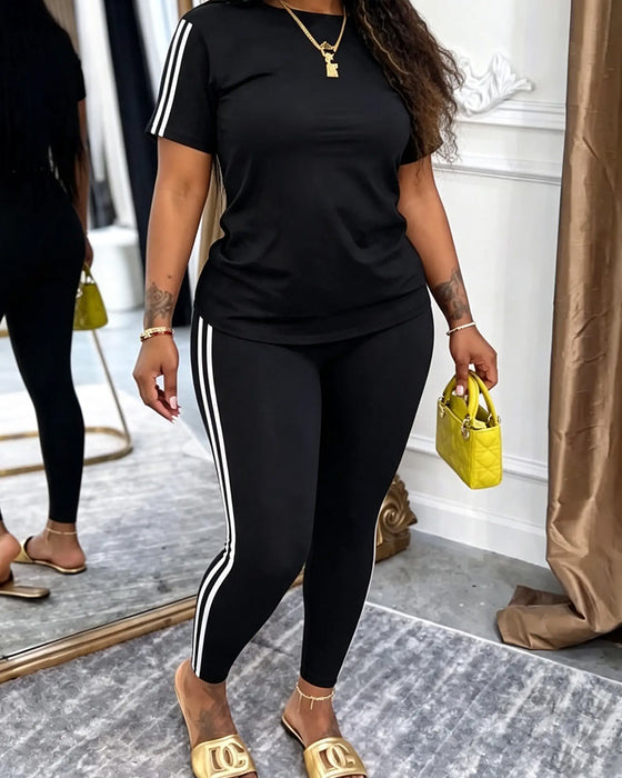 Set Gestreept Kortmouw Lange Sweatbroek