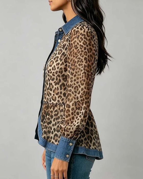 Blouse Denim Luipaard Patchwork Getailleerd