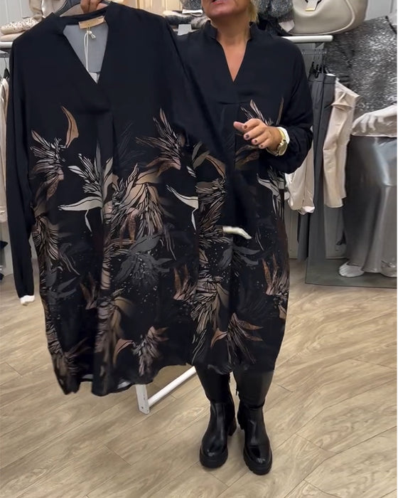 Jurk Met V-Hals En Bladprint Met Lange Mouwen