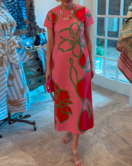 Jurk Color-Block Bloemenprint Recht