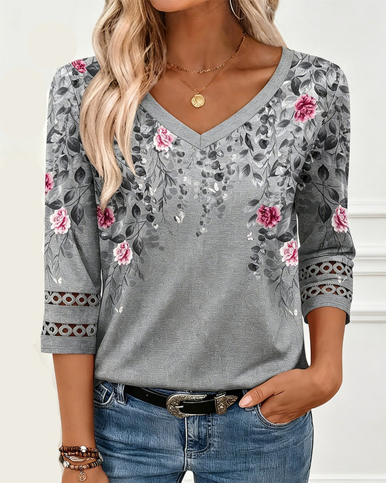 T-Shirt Bloemenprint V Hals Driekwartmouwen