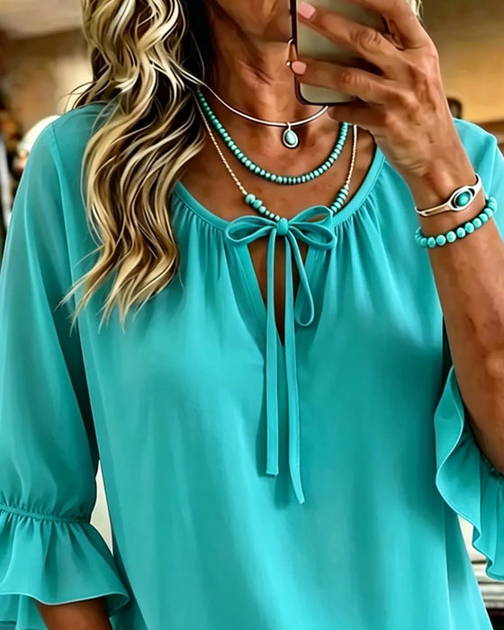 Blouse Effen Kleur Ruchesmouw Vetersluiting