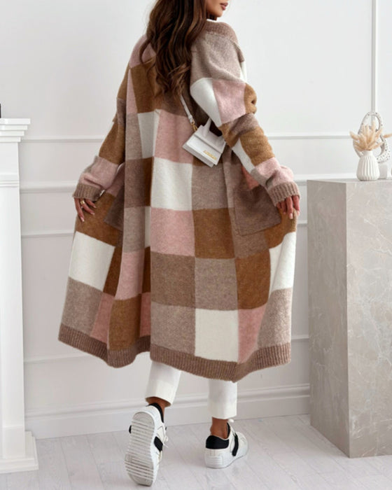 Casual contrast geruite losse cardigan met zak