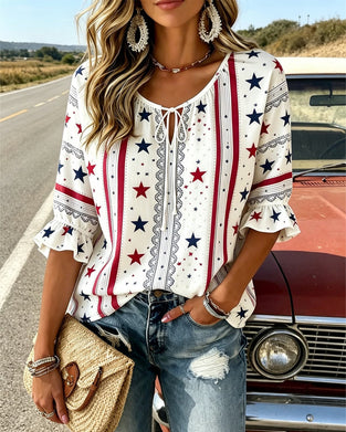 Bedrukte Blouse Met Veters En Ruche Mouwen